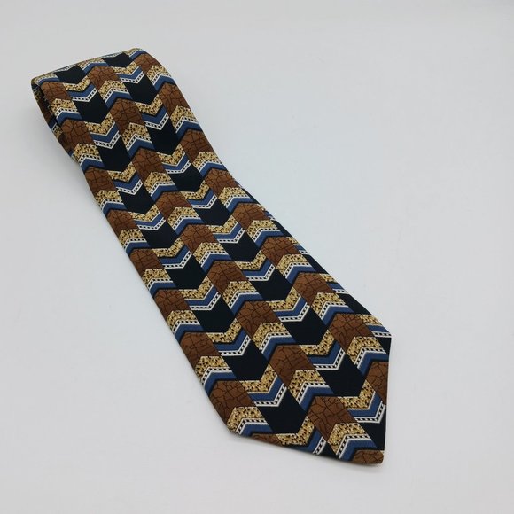 Lhomme Other - L'Homme 100% Italian Silk Men's Necktie Brown Blue Black Chevron Pattern